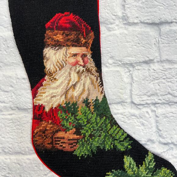 Vintage Imperial Elegance Needlepoint Wool Stocking Father Christmas Black Red - Picture 2 of 5